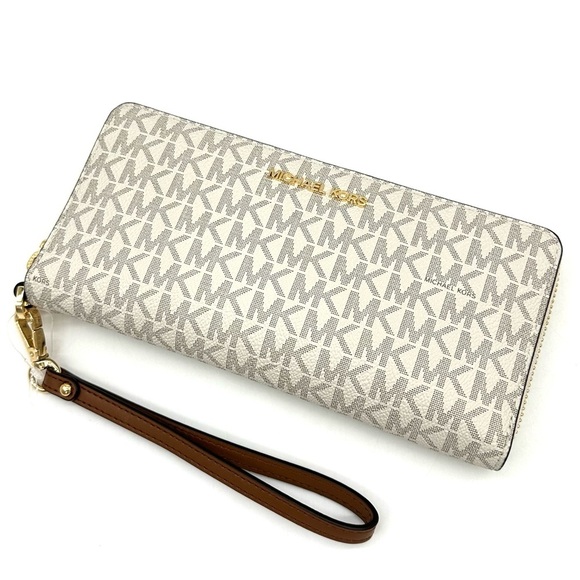 Michael Kors Large Continental Wallet Wristlet Vanilla/Brown - Picture 1 of 10